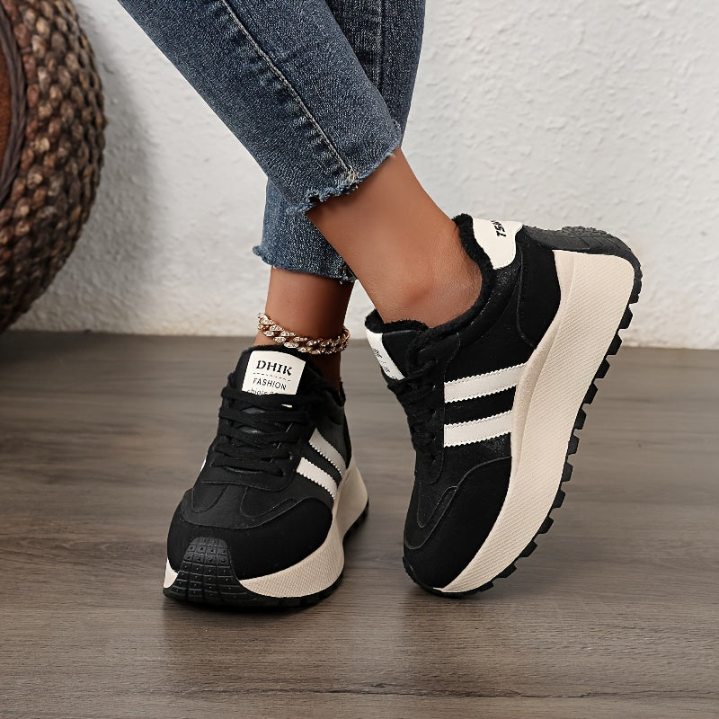 Scarpe da ginnastica invernali da donna con fodera in pile - Scarpe basse con lacci in pelle sintetica con design ricamato e suola spessa e morbida, ideali per un look casual e sportivo, scarpe da ginnastica invernali | Scarpe invernali alla moda | Suola