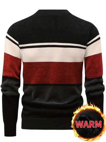 Maglione Invernale Termico Foderato in Pile Uomo Genghis - Design a Righe con Logo Lettere, Collo Tondo Maniche Lunghe, Lavabile in Lavatrice Taglio Regolare, Abbigliamento per il Freddo, Polsini e Orlo Costolati