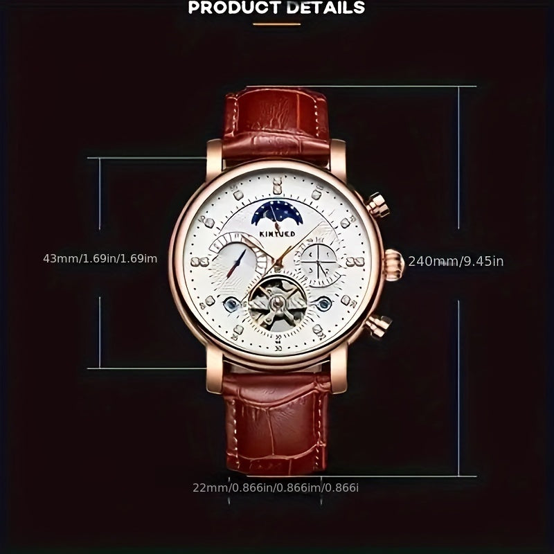 KINYUED Orologio Meccanico Automatico da Uomo con Visualizzazione Sole, Luna e Stelle – Accenti in Oro Rosa, Cinturino Marrone Finto, Lancette Blu, Retro Trasparente, Regalo Perfetto per Lui