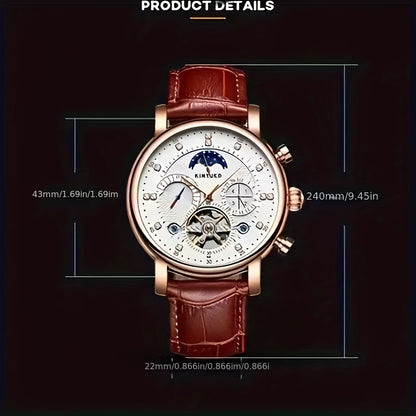 KINYUED Orologio Meccanico Automatico da Uomo con Visualizzazione Sole, Luna e Stelle – Accenti in Oro Rosa, Cinturino Marrone Finto, Lancette Blu, Retro Trasparente, Regalo Perfetto per Lui