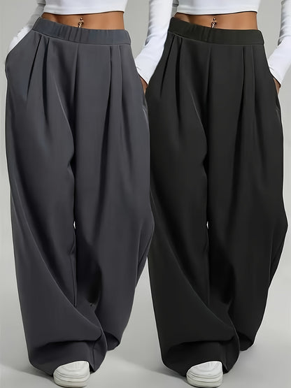 2 pezzi Pantaloni da donna eleganti a gamba larga tinta unita - Pantaloni ampi per tutte le stagioni con tasche, tinta unita e blu navy, abbigliamento casual e formale per tutte le stagioni