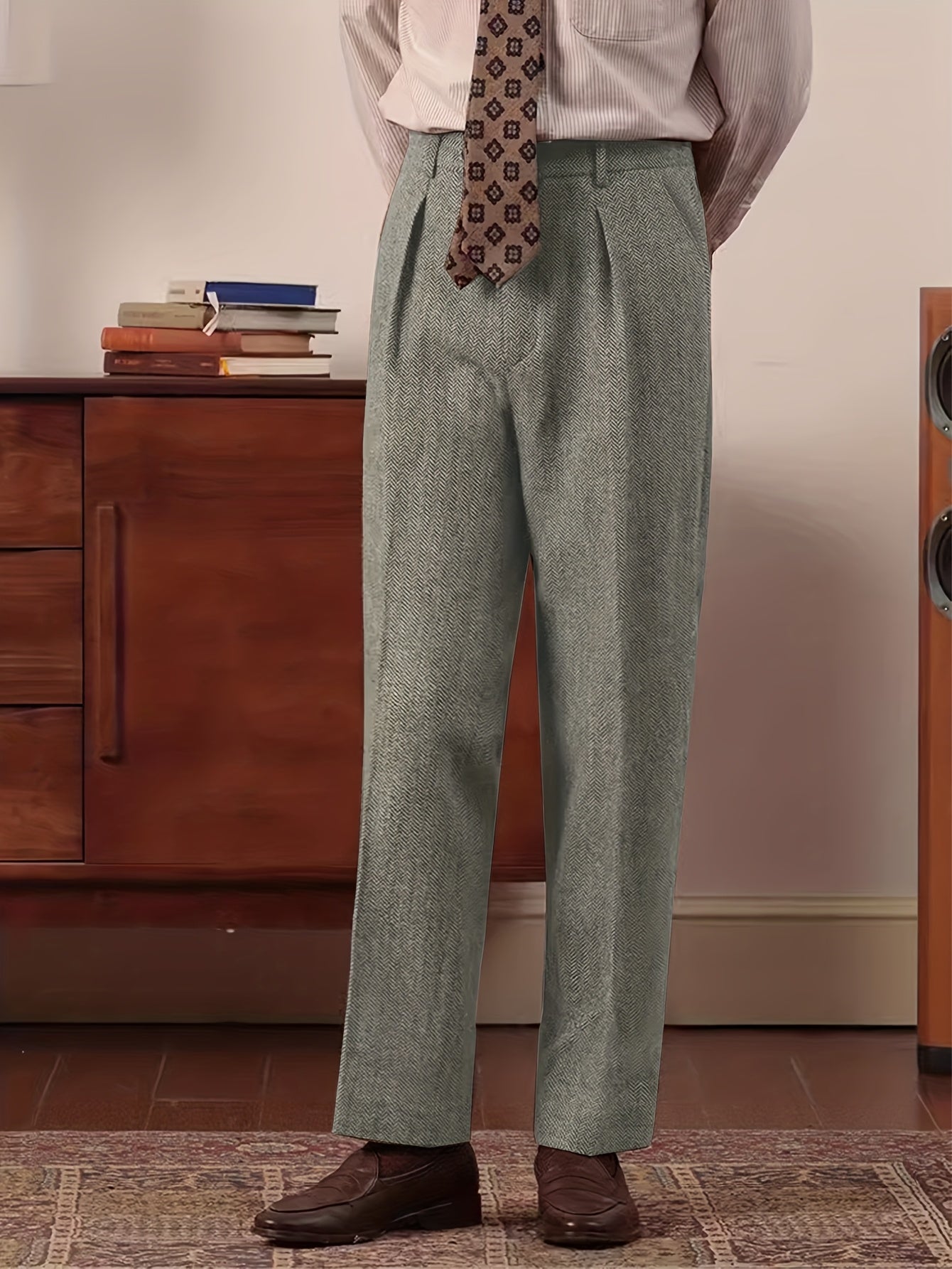 Pantaloni da uomo eleganti in tweed italiano - Pantaloni a gamba dritta a vita alta con chiusura a bottoni, tessuto non elasticizzato per ufficio ed eventi formali - Abbigliamento business autunno/inverno, evento formale, design classico, costruzione resi