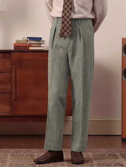 Pantaloni da uomo eleganti in tweed italiano - Pantaloni a gamba dritta a vita alta con chiusura a bottoni, tessuto non elasticizzato per ufficio ed eventi formali - Abbigliamento business autunno/inverno, evento formale, design classico, costruzione resi