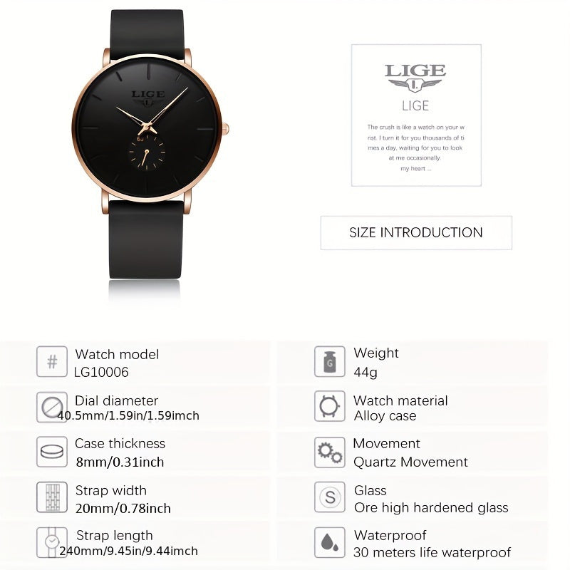 LIGE Orologio da Uomo di Lusso Sportivo Quartz - Ultra Sottile, IP68, Nero con Accenti in Tonalità Dorata, Design Semplice per Indumenti Casual e Formali, Orologio per Tutti i Giorni, Orologio Elegante
