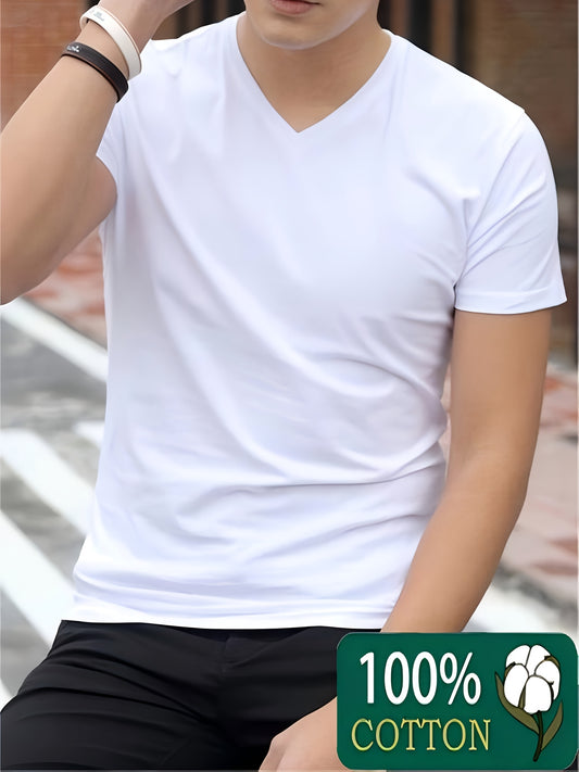 T-shirt da uomo 100% con scollo a V e maniche corte - T-shirt casual estivo traspirante, vestibilità regolare, bianco solido, medio stretch per abbigliamento casual, comodo e alla moda, T-shirt da tutti i giorni | T-shirt con scollo a V | Tessuto medio st