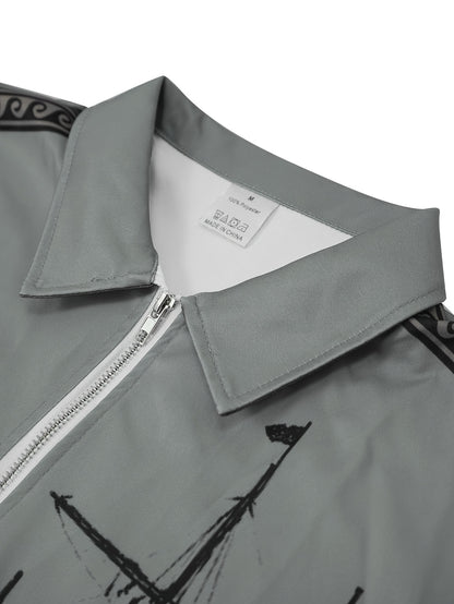 Maglietta polo a maniche lunghe con stampa di vela vintage per uomo, casual in poliestere 100% con maglia, vestibilità regolare con colletto a revers e zip, leggermente elasticizzata, 180 g/m² - Collezione autunnale