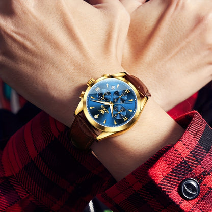 Orologio OLEVS per Uomo Classico Cronografo Pelle Marrone Cassetta Dorata Analogo Quarzo Moda Affari Abito Grande Viso Orologio da Uomo Giorno Data Luminoso Casual Maschio Orologio da Polso Regali Romantici Relojes De Hombre Blu/Nero/Bianco/Marrone Dial