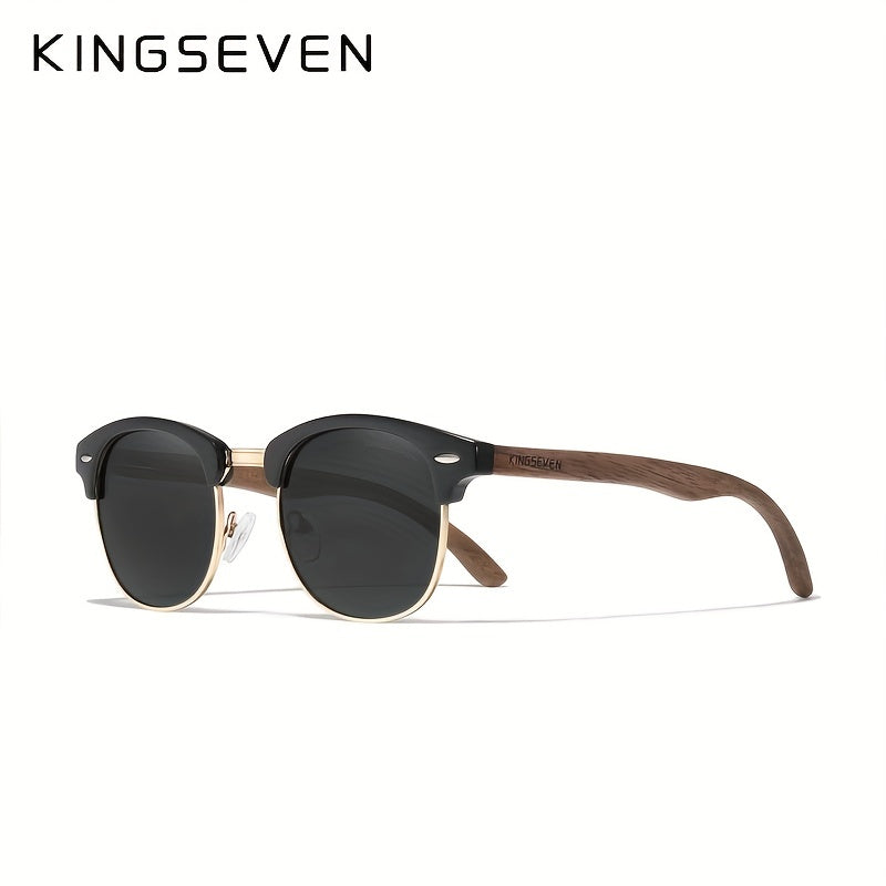 Occhiali in legno di noce nera artigianali KINGSEVEN, con montatura semipolarizzata retro per uomo e donna, stile vintage con custodia, montatura in legno massiccio, lenti in PC, ideali per l'uso quotidiano