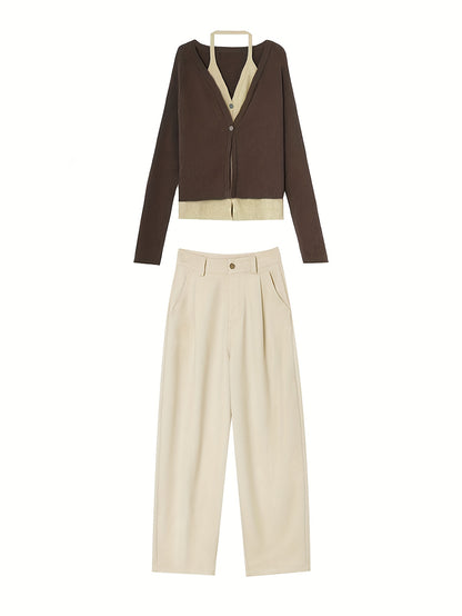 Set moda autunno per donna: jeans beige trendy e cardigan finto due pezzi, abbinamento a due capi di alta qualità/comodo traspirante/moderno (la parte superiore è taglia media), Abbigliamento da Festa per Donne, Abbigliamento da Viaggio per Donne, Donna,