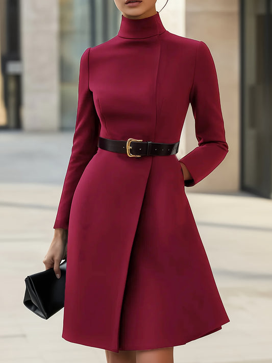 Women'S Elegant Office to Party Dress - Long Sleeve A-Line Formal attire with Belt, Structured Burgundy/Deep Red, for Business, Events, Everyday - Spring/Fall Women'S Clothing, Business Casual, Sophisticated Design, Polished Finish, Versatile Outfit, Prof