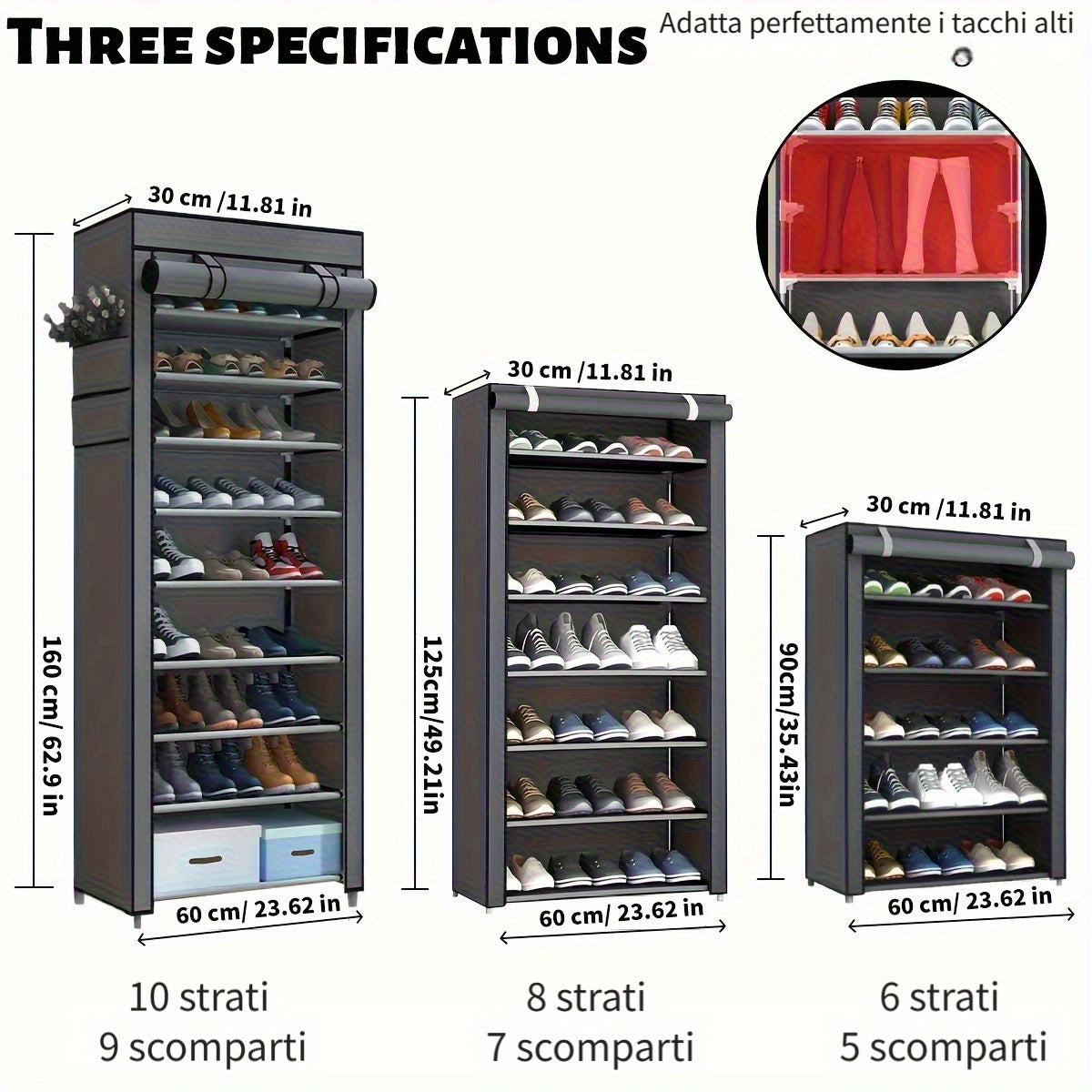 Organizzatore multifunzionale per scarpe a 6/8/10 strati con copertura antipolvere - facile da montare, portatile, adatto per 27-35 paia di scarpe sportive, tacchi e stivali - ideale per uso domestico