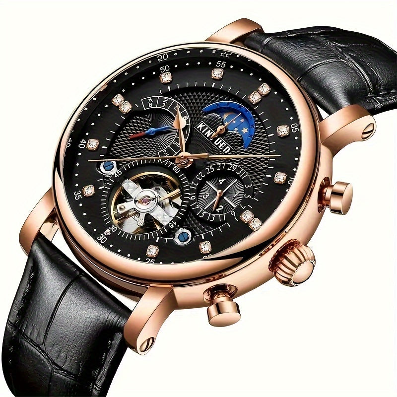 KINYUED Orologio Meccanico Automatico da Uomo con Visualizzazione Sole, Luna e Stelle – Accenti in Oro Rosa, Cinturino Marrone Finto, Lancette Blu, Retro Trasparente, Regalo Perfetto per Lui