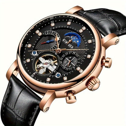 KINYUED Orologio Meccanico Automatico da Uomo con Visualizzazione Sole, Luna e Stelle – Accenti in Oro Rosa, Cinturino Marrone Finto, Lancette Blu, Retro Trasparente, Regalo Perfetto per Lui