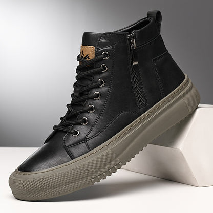 Scarpe da ginnastica alte da uomo - Microfibra sintetica nera, con lacci e suola in gomma, design elegante con lacci, calzature casual e da esterno, calzature casual | Scarpe da ginnastica con lacci | Calzature resistenti
