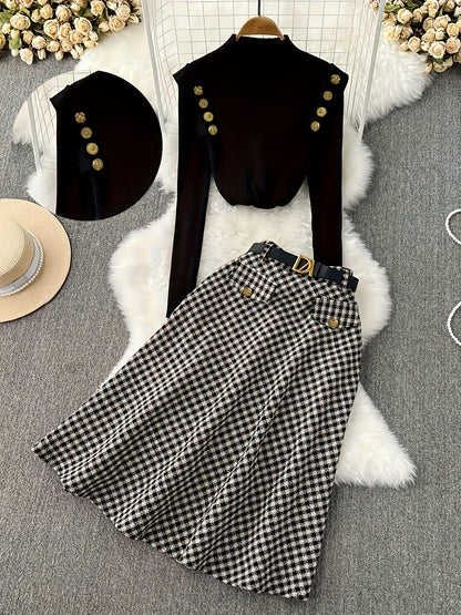 2025 Nuovo Set Due Pezzi Donna Autunno/Inverno Elegante Maglione a Collo Alto Manica Lunga Nera Gonna A-Line Vita Alta