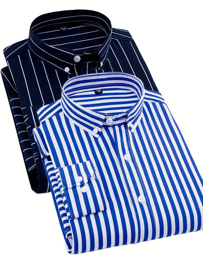 1+1pz Camicia Uomo a Righe con Maniche Lunghe - Colletto Casual, Tessuto Leggero, Ideale per Vacanze al Mare, Appuntamenti e Regali, Top Classico a Righe