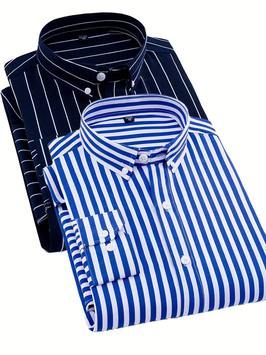 1+1pz Camicia Uomo a Righe con Maniche Lunghe - Colletto Casual, Tessuto Leggero, Ideale per Vacanze al Mare, Appuntamenti e Regali, Top Classico a Righe