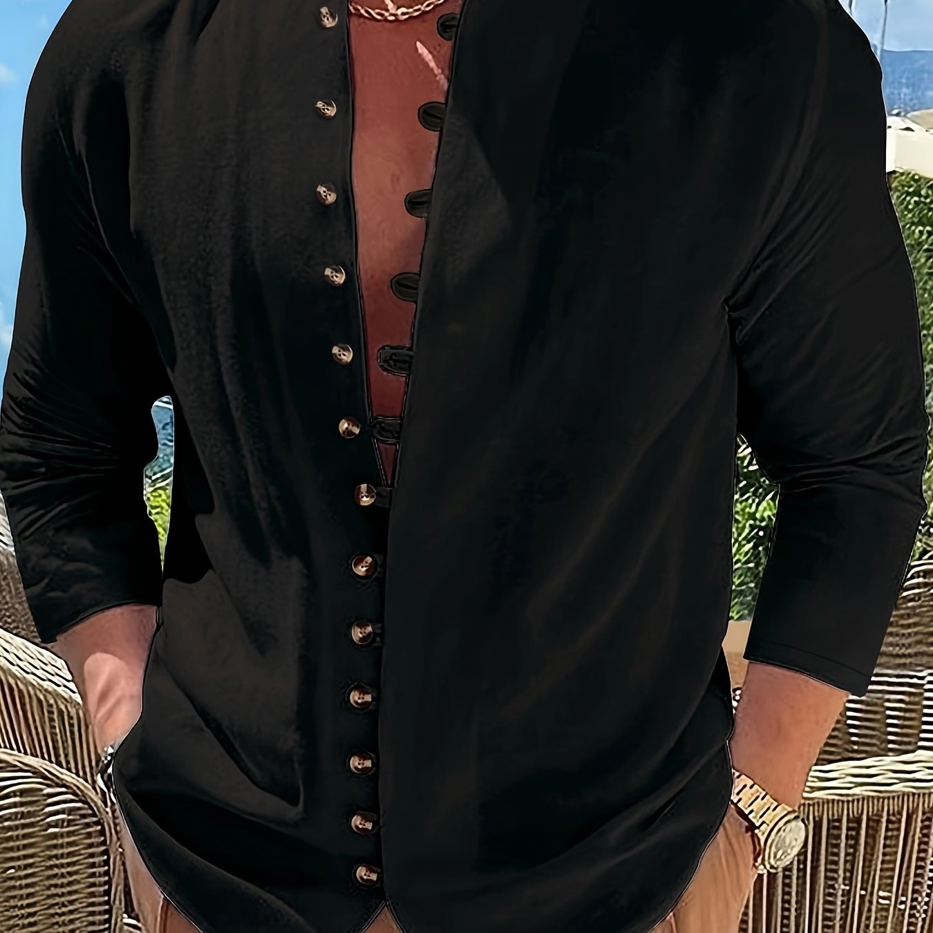 Maglietta Uomo Casual Retro a Maniche Lunghe con Collo Tondo e Bottoni, Regalo per Ramadan