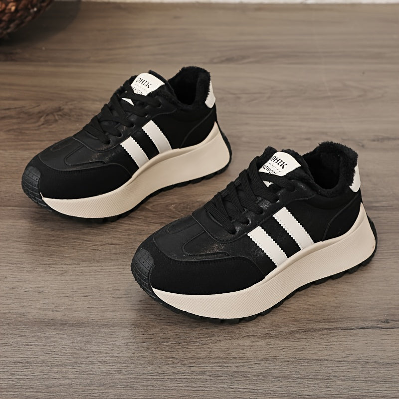 Scarpe da ginnastica invernali da donna con fodera in pile - Scarpe basse con lacci in pelle sintetica con design ricamato e suola spessa e morbida, ideali per un look casual e sportivo, scarpe da ginnastica invernali | Scarpe invernali alla moda | Suola