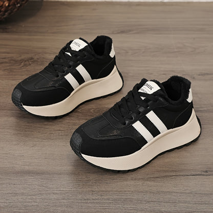 Scarpe da ginnastica invernali da donna con fodera in pile - Scarpe basse con lacci in pelle sintetica con design ricamato e suola spessa e morbida, ideali per un look casual e sportivo, scarpe da ginnastica invernali | Scarpe invernali alla moda | Suola