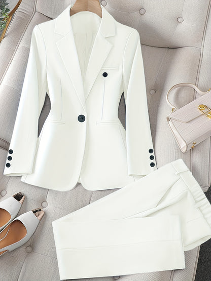 Women'S Casual Two-Piece Set, Stylish Business Solid Color Long Sleeve Suit Jacket and Pants Set, Polyester, Lapel Collar, Regular Fit, All Season, with Optional Handbag and Earrings, for Fashionable Workwear, Business Attire|Sleek Formal Attire|Polyester