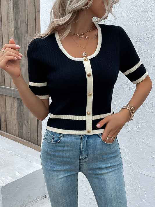 Women'S Navy & White Color Block Button-Front T-Shirt - Office to Weekend Top, All-Season Casual Blouse for Everyday & Formal Outfits - Non-See-Through Professional Women'S Clothing, Versatile Top, Stylish Knitwear, Comfortable Fit, Buttonup Shirt, Workin