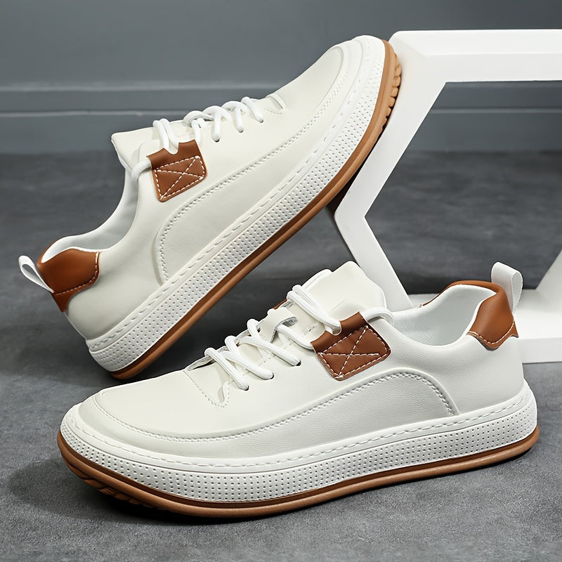 Scarpe da ginnastica casual in vera pelle da uomo, stile sportivo preppy, tinta unita, per tutte le stagioni, con lacci, punta tonda, suola in gomma, soletta sintetica, per escursioni, attività all'aperto, abbigliamento quotidiano e casual.