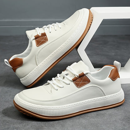 Scarpe da ginnastica casual in vera pelle da uomo, stile sportivo preppy, tinta unita, per tutte le stagioni, con lacci, punta tonda, suola in gomma, soletta sintetica, per escursioni, attività all'aperto, abbigliamento quotidiano e casual.