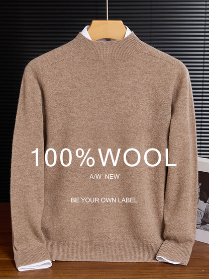 Maglione 100% Yarn da uomo - Morbido, traspirante, leggero, con scollo a giro, maniche e orlo ribassati, stile casual business casual per l'autunno/inverno, beige, perfetto per strati o outfit standalone, maglione a maniche corte, maglia