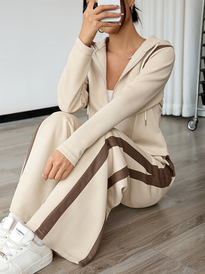 Top a maniche lunghe con cerniera per la primavera e pantaloni a gamba dritta, set casual a due pezzi con elegante cappuccio a blocchi di colore e vestito con coulisse per l'autunno