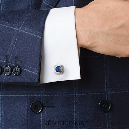 Set di 2 Gemelli NÉBULEUXION Premium Argento con Gemma Blu & Halo di Cristallo - Gemelli Francés Glamour per Matrimoni, Banchetti, Cerimonie, Affari | Regalo Ideale
