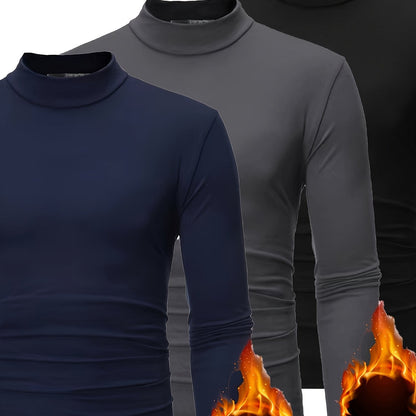 3pcs Camicie a maniche lunghe con collo alto in pile termica per uomo - Slim Fit Stand Collar Base Layer, Top casual invernali a tinta unita per strati, Bianco/Nero/Azzurro marino, Essenziali per il tempo freddo, Collo alto elegante, Camicia comoda