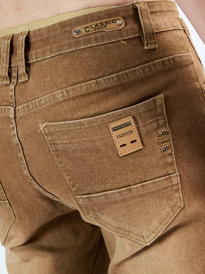 1pezzo Pantaloni casual da uomo slim-fit in denim sintetico, con chiusura a bottoni, comodi per tutte le stagioni, lavaggio leggero, kaki, versatili per abbigliamento casual, abbigliamento confortevole | Slim Fit Faux Denim | Tessuto resistente