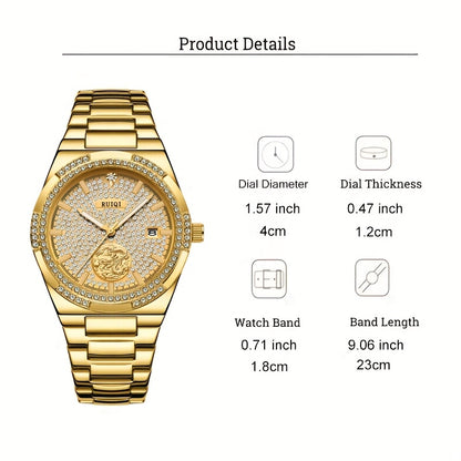 Orologio meccanico di lusso elegante per donne con quadrante interamente dorato, cornice in strass e mani luminose - Movimento automatico, cinturino regolabile, grande orologio analogico rotondo per donne, senza batteria/mantenimento facile, regalo ideale