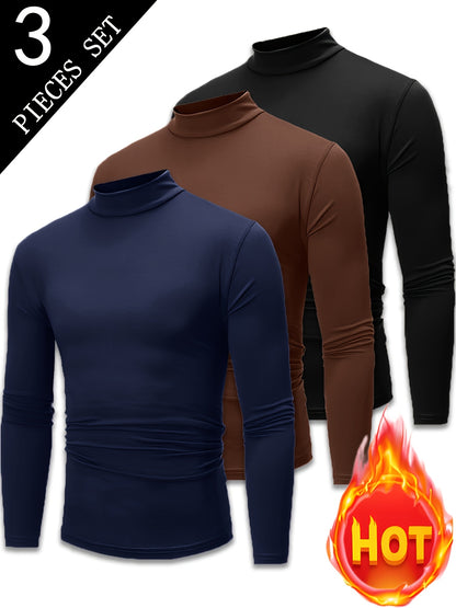 3pcs Camicie a maniche lunghe con collo alto in pile termica per uomo - Slim Fit Stand Collar Base Layer, Top casual invernali a tinta unita per strati, Bianco/Nero/Azzurro marino, Essenziali per il tempo freddo, Collo alto elegante, Camicia comoda