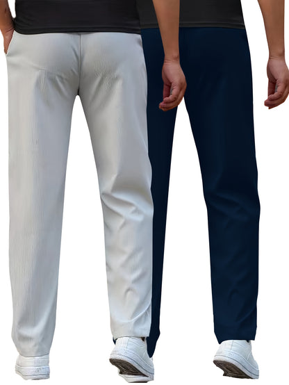 Pantaloni da lavoro casual da uomo a gamba dritta - Poliestere leggero, vita con coulisse, stile primavera/estate, opzioni bianco e blu navy, abbigliamento da lavoro casual | Pantaloni a gamba dritta | Tessuto in poliestere