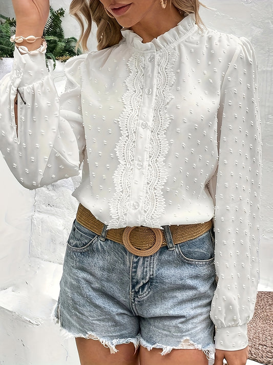 Women's Elegant Lace-Trimmed Stand Collar Blouse - Solid Color White Casual Chic Shirt, Machine Washable Non-Stretch Fabric for Spring Summer Fall, Versatile for Casual & Formal Outfits, Seasonal Fashion Top, Sophisticated Casualwear, Decorative Button Cl