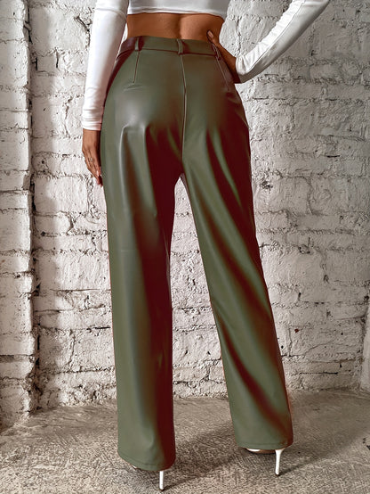 Pantaloni a gamba dritta in pelle sintetica da donna con cucitura a cerniera, pantaloni lunghi casual con cuciture decorative sul davanti e sul lato, perfetti per l'autunno/inverno