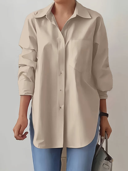 Women'S Elegant Solid Color Button-Up Shirt with Long Sleeves - Red, Casual Style, Perfect for Spring/Summer, Casual Attire|Elegant Buttonup|Long Sleeve Shirt