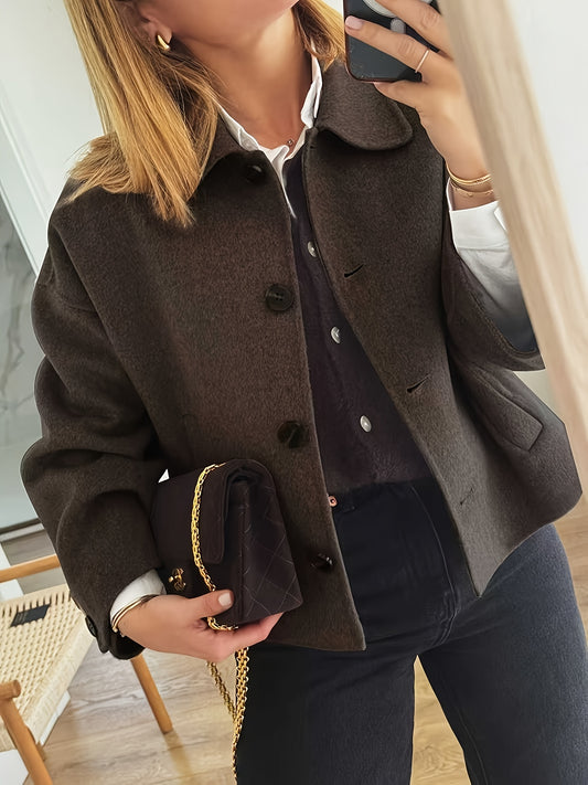 ZD0622917 Giacca Elegante Donna Marrone - Chiusura a Bottoni Classica, Cappotto Sartoriale in H-Shape Strutturato per Ufficio ed Eventi Casual e Formali - Design Stratificato Stagionale con Collo Vintage, Finitura Lucida, Tessuto di Alta Qualità, Abbiglia