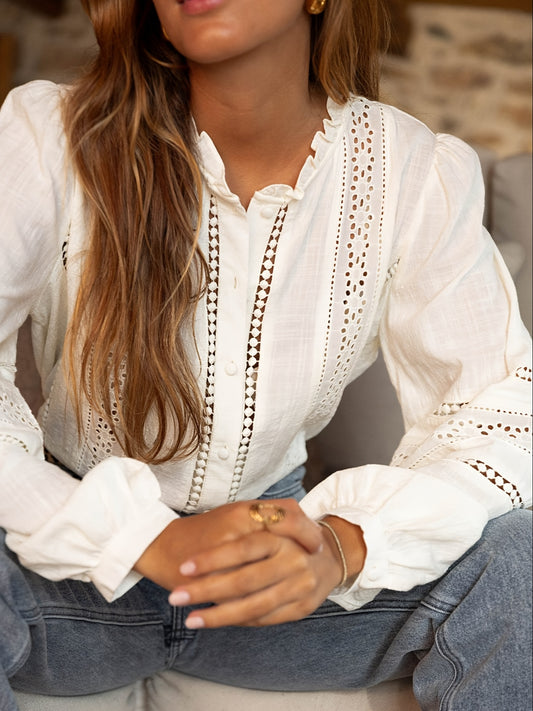 Women's Elegant Blouse - Semi-Sheer Long Sleeve Shirt with Lace-like Button Front Placket, Loose Fit Non-Stretch Office & Everyday Blouse for Spring/Fall/Summer - Women's Clothing, Spring Fashion, Delicate Embroidery, Intricate Detailing, Embroidered Top,