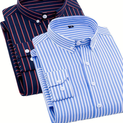 1+1pz Camicia Uomo a Righe con Maniche Lunghe - Colletto Casual, Tessuto Leggero, Ideale per Vacanze al Mare, Appuntamenti e Regali, Top Classico a Righe