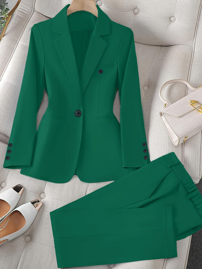 Women'S Casual Two-Piece Set, Stylish Business Solid Color Long Sleeve Suit Jacket and Pants Set, Polyester, Lapel Collar, Regular Fit, All Season, with Optional Handbag and Earrings, for Fashionable Workwear, Business Attire|Sleek Formal Attire|Polyester