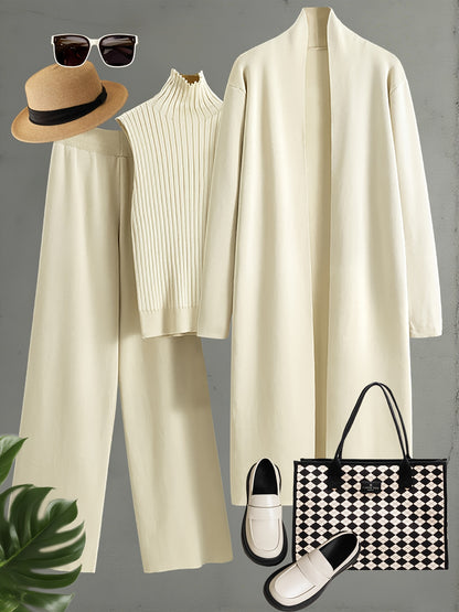 Set Invernale da Donna 3 Pezzi - Elegante Tuta Ispirata al Stile Coreano con Blazer a Collo, Pantaloni a Gamba Larga e Giacca | Lavabile a Mano per Ufficio e Semi-Formale, Beige/Marrone/Blu Navy/Taupe (Non Lavare a Secco)