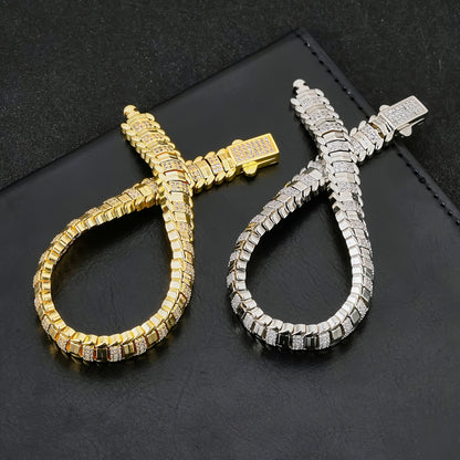 1pz ICEDCHICS Braccialetto Hip Hop 9mm Osso di Serpente Poligonale - Tonalità Dorata con Pietre Sintetiche Scintillanti, Gioielleria Unisex per Natale, San Valentino e Anniversari, Stile Catena Audace, Finitura di Alta Qualità