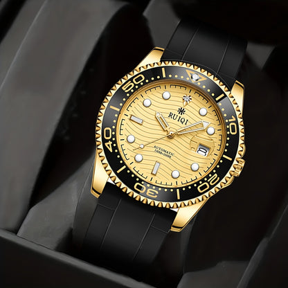 Orologio Meccanico da Uomo RUIQI con Quadrante Luminoso che Brilla al Buio, Faccia Girevole & Display Analogico, Movimento Automatico, Cassa in Tono Oro e Cinturino Nero, Multi-Quadranti per Sport ed Abbigliamento Casual, Elegante orologio analogico di lu