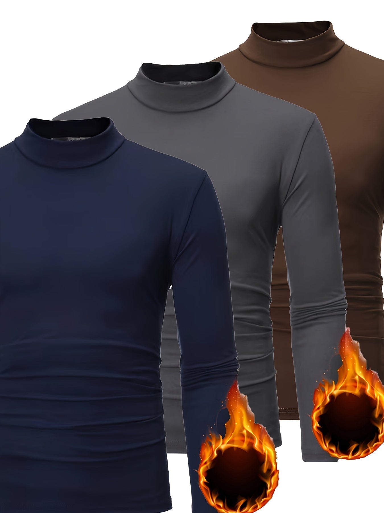 3pcs Camicie a maniche lunghe con collo alto in pile termica per uomo - Slim Fit Stand Collar Base Layer, Top casual invernali a tinta unita per strati, Bianco/Nero/Azzurro marino, Essenziali per il tempo freddo, Collo alto elegante, Camicia comoda