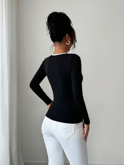 Women's Elegant Black & White Contrast Long Sleeve T-Shirt with Round Neck & Decorative Collar - Mid-Stretch Office to Casual Top, Faux Pocket Design, Spring/Fall Wardrobe Essential (Hand Washable, Non-See-Through)