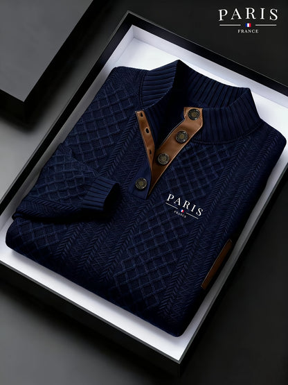 Maglione da uomo pesante in maglia 280g/m² - Blu navy e marrone, colletto con risvolto e bottoni, maglione invernale a maniche lunghe per clima freddo, ufficio, outfit casual - Regalo ideale per uomo, maglione, abbigliamento da ufficio, maglieria texturiz