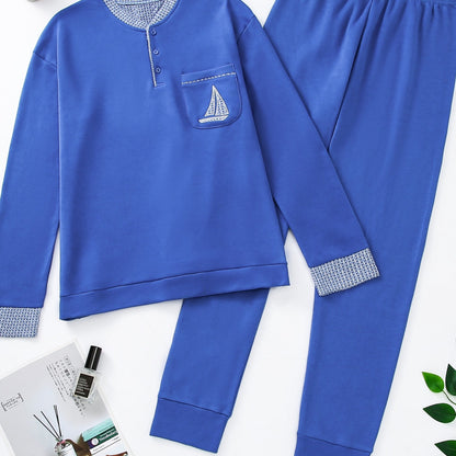 Pigiama invernale da uomo in pile, pigiama casual in poliestere lavorato a maglia, manica lunga, scollo Henley, motivo geometrico, vestibilità comoda, abbigliamento da notte per uso domestico